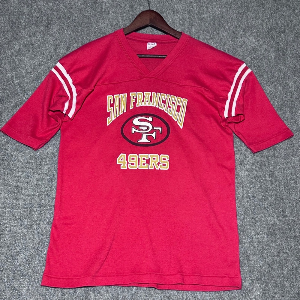 Vintage Logo 7 San Francisco 49ers V Neck Jersey T Shirt Womens Size XL Red Gold